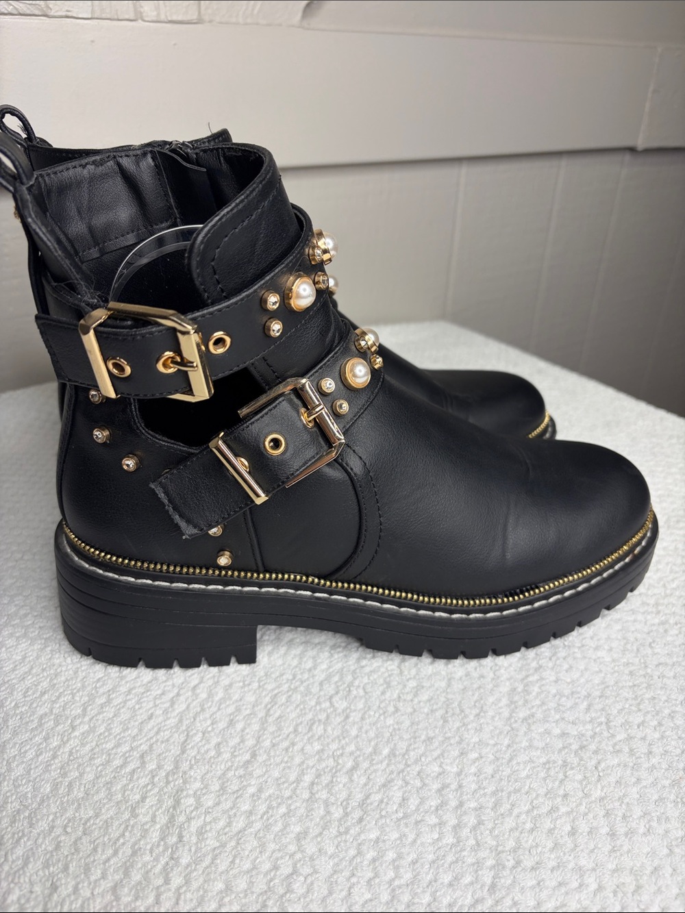 Miss Selfridge Adonis Black Pearl Embellished Biker Boot Gold Buckle Moto Combat